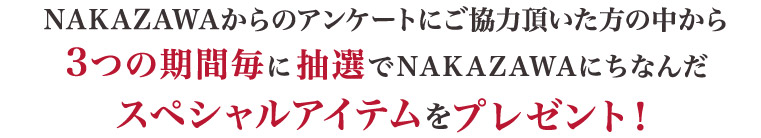 NAKAZAWAからのアンケートにご協力頂いた方の中から3つの期間毎に抽選でNAKAZAWAにちなんだスペシャルアイテムをプレゼント!