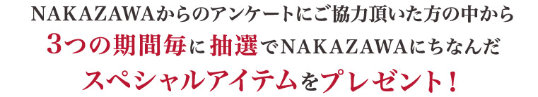 NAKAZAWAからのアンケートにご協力頂いた方の中から3つの期間毎に抽選でNAKAZAWAにちなんだスペシャルアイテムをプレゼント！